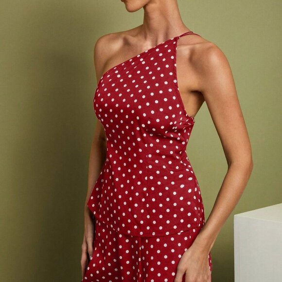 Burgundy Women's Polka Dot Print Sleeveless Top And Wide Leg Pants Set - Picture 4 of 7